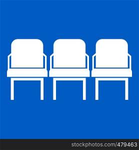 Chairs in the departure hall at airport icon white isolated on blue background vector illustration. Chairs in the departure hall icon white