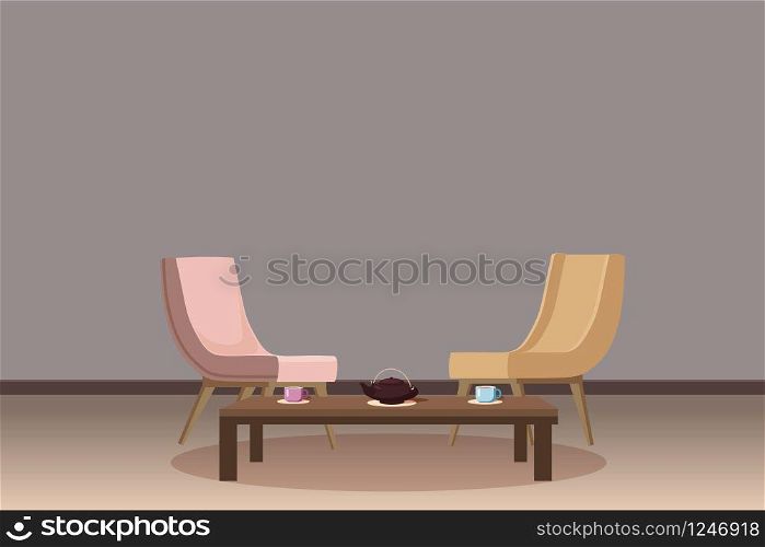 Chairs, tea table, furnitiure, teapot, cups template for interior living room. Chairs, tea table, furnitiure, teapot, cups, template for interior, living room, for animation, vector, illustration, isolated, cartoon style