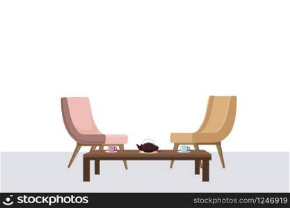 Chairs, tea table, furnitiure, teapot, cups template for interior living room. Chairs, tea table, furnitiure, teapot, cups, template for interior, living room, for animation, vector, illustration, isolated, cartoon style