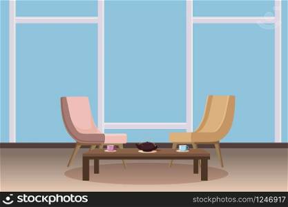 Chairs, tea table, furnitiure, window, teapot cups template for interior living room. Chairs, tea table, furnitiure, window, teapot, cups, template for interior, living room, for animation, vector, illustration, isolated, cartoon style