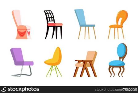 Chairs with back, side and front view, wood and metal, plastic kinds of colorful place for sitting, soft element of furniture. Design of seat vector. Chairs Design, Soft Place for Sitting, Seat Vector