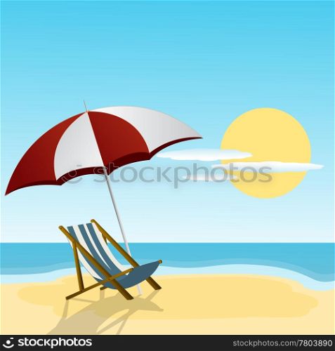 Chaise lounge and umbrella on the beach side.