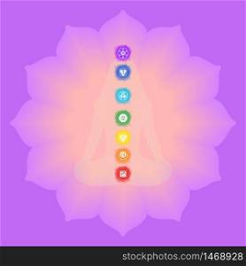 Chakras: muladhara, swadhisthana, manipura, anahata, vishuddha, ajna, sahasrara. Vector line symbol. Om sign. Silhouettes of the woman in a lotus pose. Smoky circles. Watercolor style. Sacral icon. Meditation