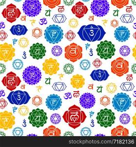 Chakras seamless pattern. Vector esoteric background. Hinduism, buddhism. Muladhara, swadhisthana, manipura, anahata, vishuddha, ajna, sahasrara. Line symbol. Om sign