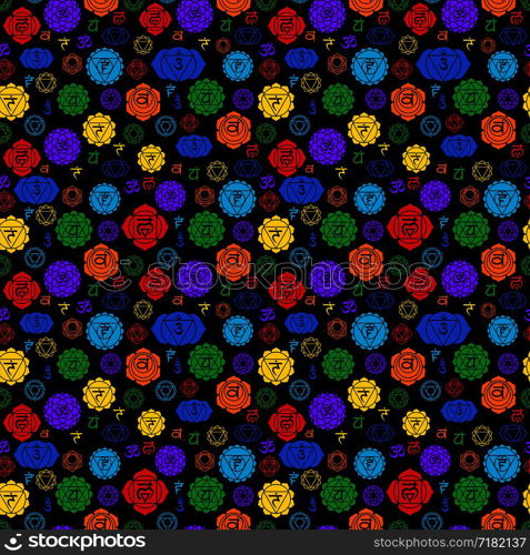 Chakras seamless pattern. Vector esoteric background. Hinduism, buddhism. Muladhara, swadhisthana, manipura, anahata, vishuddha, ajna, sahasrara. Line symbol. Om sign