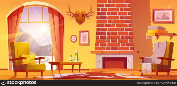 Chalet house interior with fireplace and mountains behind window. Vector cartoon illustration of traditional lodge, mountain cottage living room with chairs and horns on wall. Living room interior of chalet house in mountains