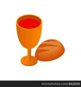 Chalice with wine, piece of bread isometric 3d icon on a white background. Chalice with wine, piece of bread isometric icon