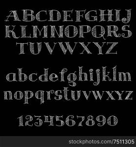 Chalk alphabet letters and numbers on blackboard with uppercase and lowercase letters, decorated by hatching, sketch style. Chalk serif font or type for education, menu and typography design. Chalk font or type alphabet on blackboard