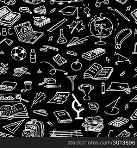 Chalk board style. back to school seamless pattern set. eraser, globe, glue, goggles,. Chalk board style. back to school seamless pattern set. magnifying, medal, microscope, music, notebook, paints, paper, paperclip, pen, pencil pin plane Text For decoration hand drawn sketch doodle