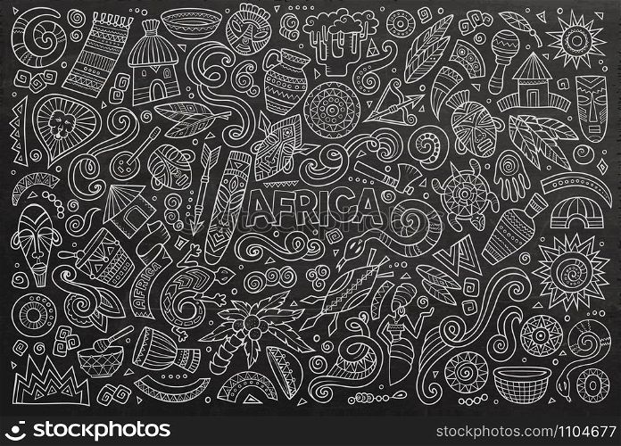 Chalk board vector hand drawn doodle cartoon set of Africa objects and symbols. Vector doodle cartoon set of Africa objects