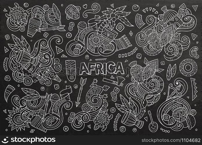 Chalk board vector hand drawn doodle cartoon set of Africa objects and symbols. Vector doodle cartoon set of Africa objects