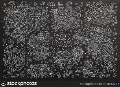 Chalk board vector hand drawn doodle cartoon set of Electric cars objects and symbol. Chalkboard vector doodle cartoon set of Electric cars objects