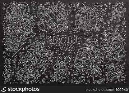 Chalk board vector hand drawn doodle cartoon set of Electric cars objects and symbol. Chalkboard vector doodle cartoon set of Electric cars objects