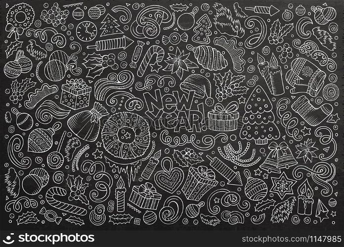 Chalk board vector hand drawn doodle cartoon set of New Year and Christmas objects and symbols. Doodle cartoon set of New Year and Christmas objects