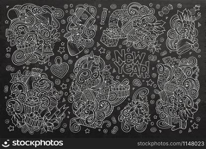 Chalk board vector hand drawn doodle cartoon set of New Year and Christmas objects and symbols. Doodle cartoon set of New Year and Christmas objects