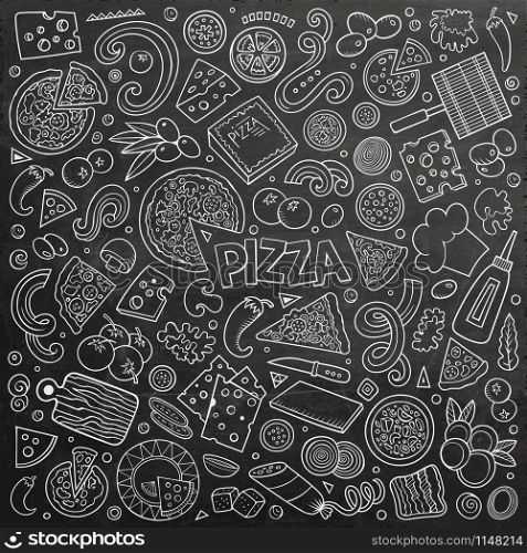 Chalk board vector hand drawn doodle cartoon set of Pizzeria objects and symbols. Vector cartoon set of Pizzeria objects and symbols