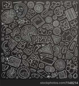 Chalk board vector hand drawn doodle cartoon set of Pizzeria objects and symbols. Vector cartoon set of Pizzeria objects and symbols