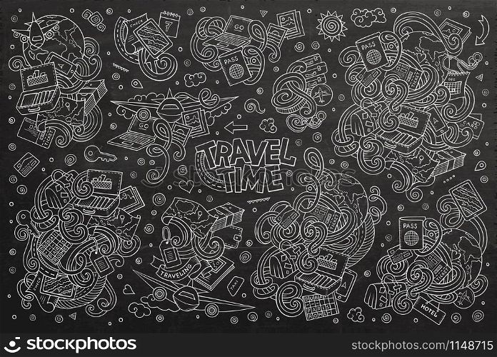 Chalk board vector hand drawn doodle cartoon set of travel planning theme items, objects and symbols. Set of travel planning objects and symbols