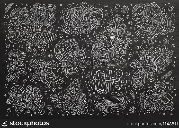 Chalk board vector hand drawn doodle cartoon set of Winter season objects and symbols. Cartoon set of Winter season doodles designs