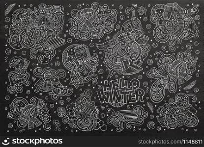 Chalk board vector hand drawn doodle cartoon set of Winter season objects and symbols. Cartoon set of Winter season doodles designs