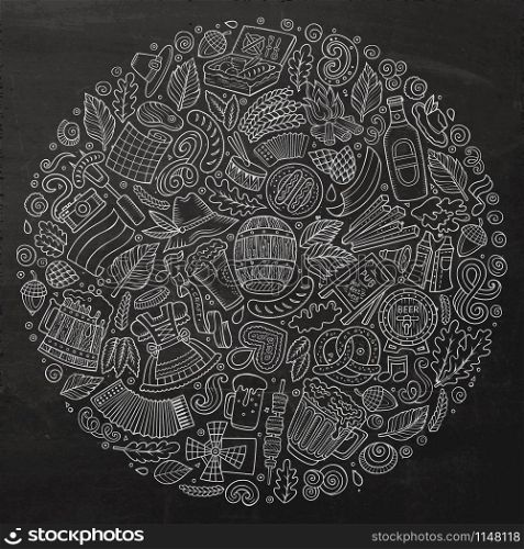 Chalk board vector hand drawn set of Beer fest cartoon doodle objects, symbols and items. Round form composition. Vector set of Beer cartoon doodle objects, symbols and items.