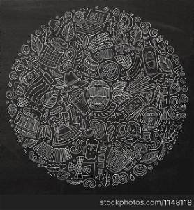 Chalk board vector hand drawn set of Beer fest cartoon doodle objects, symbols and items. Round form composition. Vector set of Beer cartoon doodle objects, symbols and items.