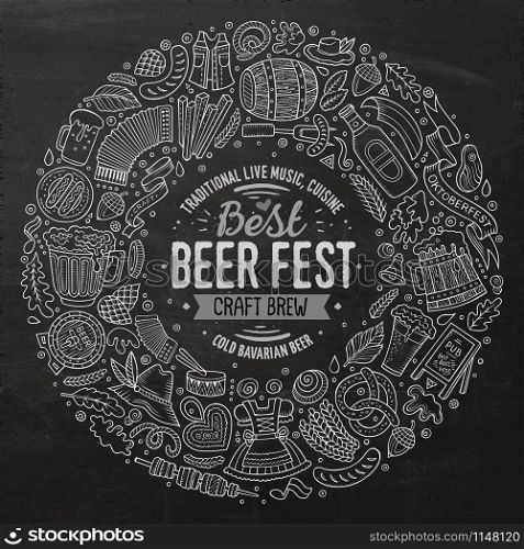 Chalk board vector hand drawn set of Beer fest cartoon doodle objects, symbols and items. Round frame composition. Set of Beer fest cartoon doodle objects round frame