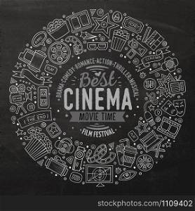 Chalk board vector hand drawn set of Cinema cartoon doodle objects, symbols and items. Round frame composition. Set of Cinema cartoon doodle objects