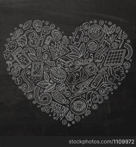 Chalk board vector hand drawn set of Eco cars doodle objects, symbols and items. Heart form composition. Vector hand drawn set of Eco cars doodle objects