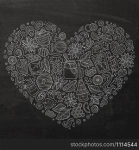 Chalk board vector hand drawn set of Honey cartoon doodle objects, symbols and items. Heart form composition. Vector set of Honey cartoon doodle objects