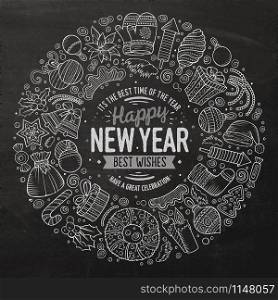Chalk board vector hand drawn set of New Year cartoon doodle objects, symbols and items. Round frame composition. Set of New Year cartoon doodle objects round frame