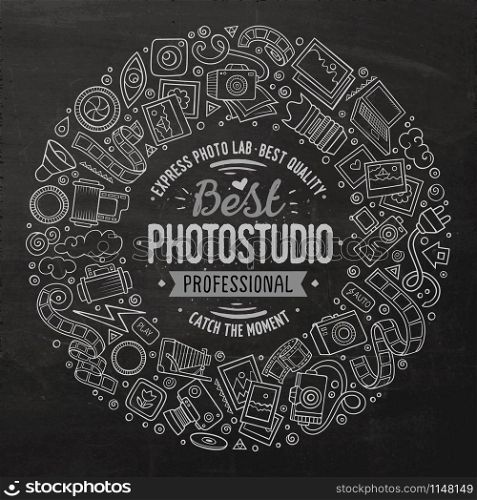 Chalk board vector hand drawn set of Photo studio cartoon doodle objects, symbols and items. Round frame composition. Set of Photo studio cartoon doodle objects round frame
