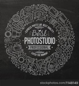 Chalk board vector hand drawn set of Photo studio cartoon doodle objects, symbols and items. Round frame composition. Set of Photo studio cartoon doodle objects round frame