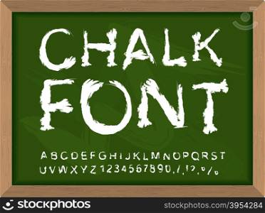 Chalk font on blackboard. Write with chalk on lesson at school. Handwriting alphabet. Uneven letters, track from chalk texture&#xA;