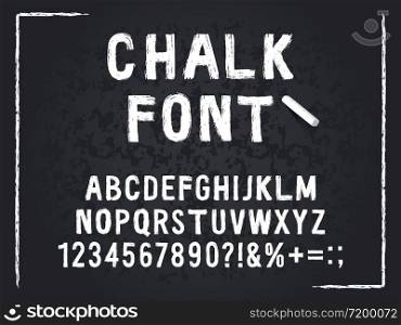 Chalk font. Rough chalk hand drawn alphabet, abc and numbers, textured scratched lettering. Grunge letters isolated vector symbols set. Abc font, alphabet rough grunge typography chalk illustration. Chalk font. Rough chalk hand drawn alphabet, abc and numbers, textured scratched lettering. Grunge letters isolated vector symbols set
