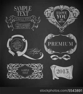 Chalk label, typography, calligraphic design elements, page decoration and labels of drawing with chalk on blackboard