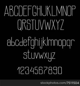 Chalk san serif font alphabet on blackboard with tall and thin letters and numbers. Retro font for education or typography design. Retro chalk font alphabet on blackboard