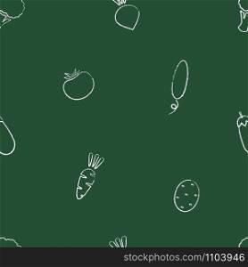 Chalk silhouette autumn vegetable seamless pattern. Retro style trendy background ornament with chalk contour vegetables on green chalkboard. Seamless vector illustration for wrapping paper pattern. Chalk silhouette autumn vegetable seamless pattern