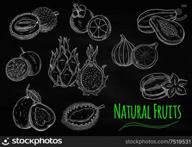 Chalk sketches of exotic fruits on blackboard with star fruit, papaya, guava, passion fruit, dragon fruit, lychee, mangosteen, fig and durian fruits. Exotic fruits chalk sketches on blackboard
