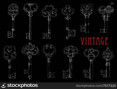 Chalk sketches of vintage victorian skeleton keys on blackboard. Door lock keys with openwork ornamental bows. Chalk sketched skeleton keys on blackboard