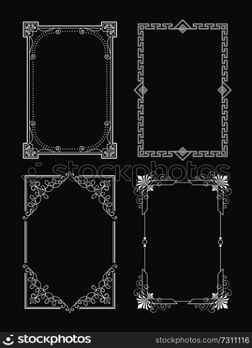 Chalk style set of vintage frames decorative border with corners, leaves and curved elements in black and white colors, retro border photo frame. Chalk Style Set Vintage Frames Decorative Border