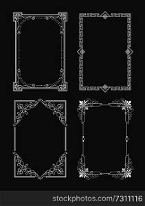 Chalk style set of vintage frames decorative border with corners, leaves and curved elements in black and white colors, retro border photo frame. Chalk Style Set Vintage Frames Decorative Border