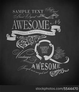 Chalk typography, calligraphic design elements, page decoration and labels of drawing with chalk on blackboard