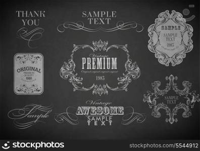 Chalk typography, calligraphic design elements, page decoration and labels of drawing with chalk on blackboard