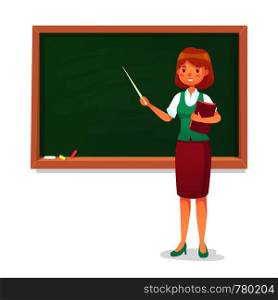 Chalkboard and teacher. Female professor teach at blackboard. Lessons young woman teachers character at school board teaching people on lesson classroom colorful cartoon isolated vector illustration. Chalkboard and teacher. Female professor teach at blackboard. Lessons woman teachers at school board cartoon vector illustration