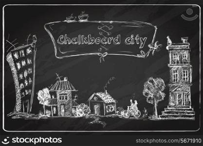 Chalkboard city doodle poster with modern and old urban buildings in frame vector illustration.