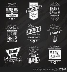 Chalkboard collection of nine vintage thank you signs making in different fashioned font style vector illustration. Thank You Chalkboard Signs