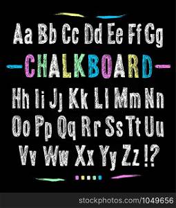 Chalkboard font. Hand draw alphabet. Vector illustration on black texture background.. Chalkboard font. Hand draw alphabet.