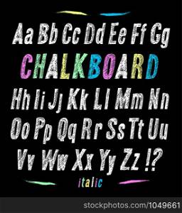 Chalkboard font. Hand draw alphabet. Vector illustration on black texture background.. Chalkboard font. Hand draw alphabet.