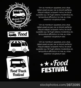 Chalkboard food festival poster design with food labels and food trucks. Vector illustration. Chalkboard food festival poster design